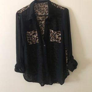 Sheer black shirt with leopard print accents